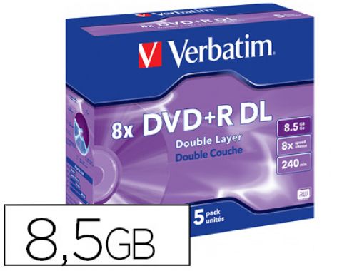 Dvd+r verbatim dupla capa capacidade 8.5gb velocidade 8x 240 min pack de 5 unidades , VERBATIM , 155626 , 0023942435419